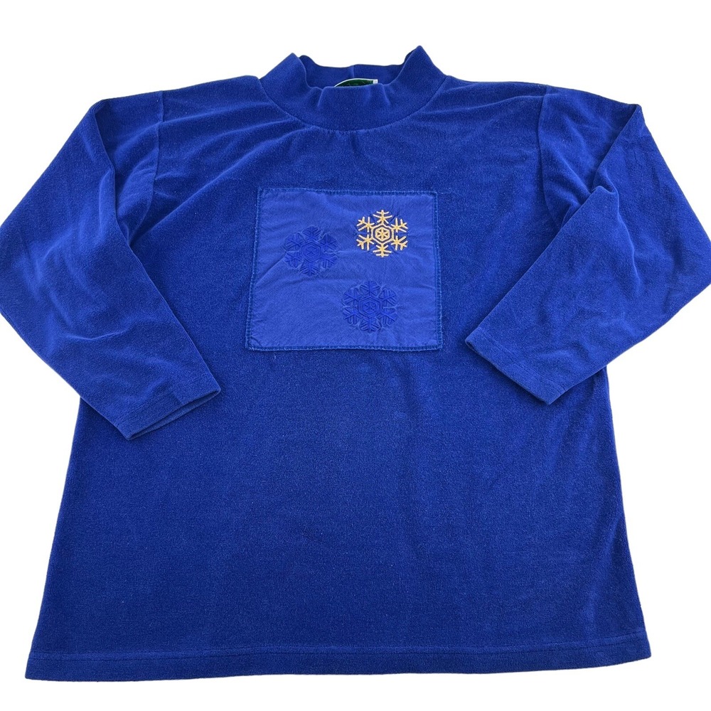 SK Sport Vintage Pullover Women's Blouse Size Medium Blue Snowflakes Terry cloth